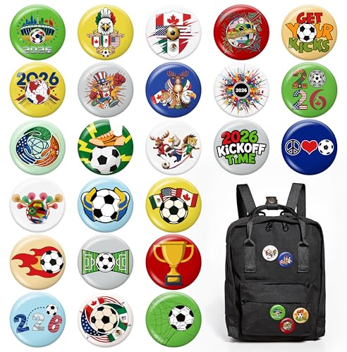 24Pcs 2026 World Soccer Button Pins America Canada Mexico Tinplate Badge Brooch Sports Themed Party Favors Decoration Game Day Accessories Souvenir Gift for Football Lovers Fans Clothes Backpacks Hats