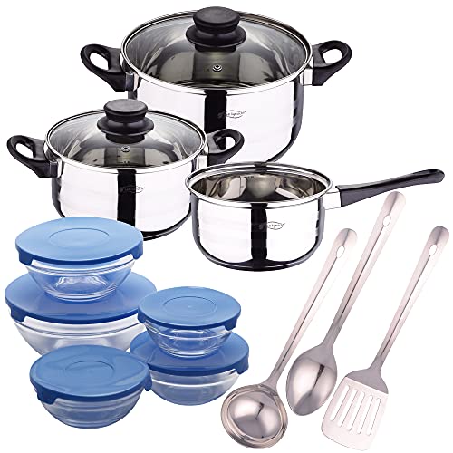 San Ignacio Batería de cocina 5 piezas (3 cuerpos y 2 tapas de vidrio) Set 3 utensilios de...