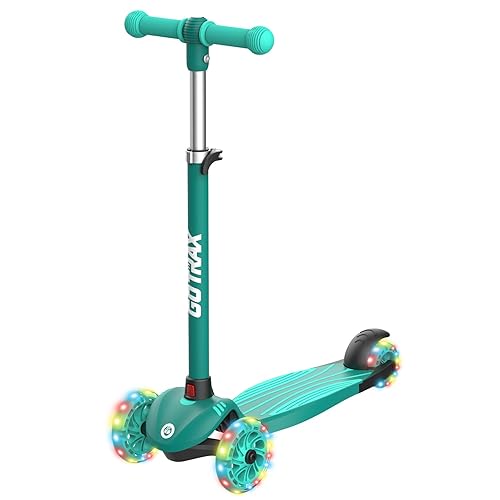 Gotrax KS1 Kids Kick Scooter, LED Lighted Wheels and 3 Adjustable Height Handlebars, Lean-to-Steer & Widen Anti-Slip Deck, 3 Wheel Scooter for Boys & Girls Ages 2-8 and up to 110 Lbs - Green