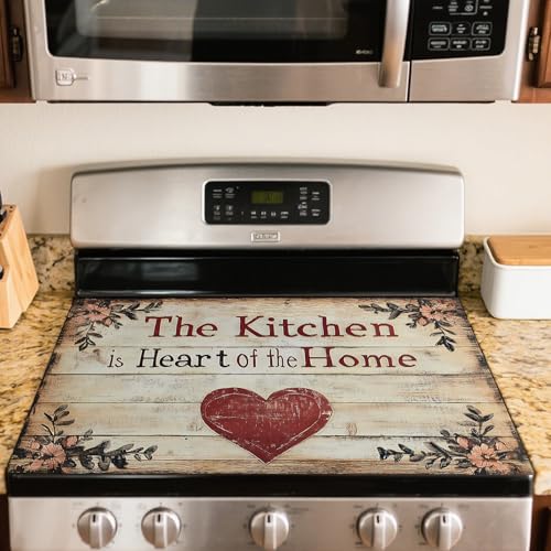 Image of Nuxovilar Stove Top Cover for Electric Stove, 20x28 Inch Polyester Glass Cooktop Protector with The Kitchen is My Happy Place Heart Design, for Kitchen Decor & Daily Use