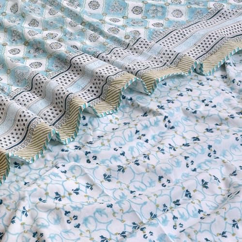 Image of TOAIArt Premium Jaipuri Dohar | AC Blanket Summer Quilt | Hand Block Printed | 3 Layers | Reversible | 150GSM 100% Mulmul Cotton | 100% Cotton Flannel Filling | Single 60 inch X 90 inch |Small Blue Jaal
