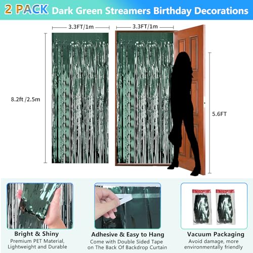 Image of Dark Green Party Birthday Decorations Door Streamers Fringe Tinsel Foil Curtain, 2 Pack 3.3x8.2ft Dark Green Backdrop for Birthday Jungle Party Dinosaur Animal St Patrick's Day Christmas Decorations