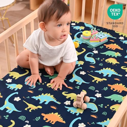 Image of PHF Soft Crib Sheet Fitted, 2 Pack Baby Sheets for Boys Girls, 28x52x9in Fits Standard Crib and Toddler Mattresses, Silky Comfy Breathable Polyester Baby Mattress Sheets, Dinosaur