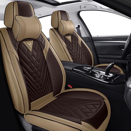 Image of Car Seat Covers for Chevrolet Equinox 2005-2026, Premium Nappa Leather Waterproof & Anti-Slip, Full Coverage Customized fit Chevrolet Equinox Seat Covers Front Set (2 Seats Luxury,Beige-Brown)