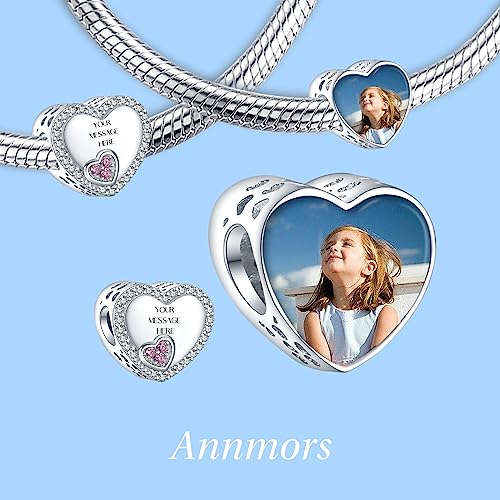 Annmors Personalized Photo Charm for Bracelet Necklaces,925 Sterling Silver Charm Love Heart Shaped Engraved Customize Picture Gift for Birthday Mother's Day Christmas,Bead Charms Jewelry for Women2