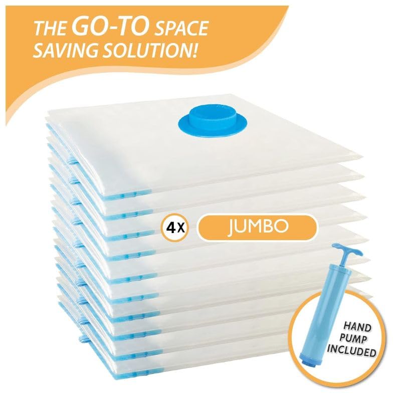 Image of 4 Jumbo Vacuum Bags for Travel, Space Saver Bags Compression Storage Bags,Storage Vacuum Sealer Bags for Clothes Storage, Vaccine Packing Bag Size (4 JUMBO (70x100cm) - WITH HANDPUMP)