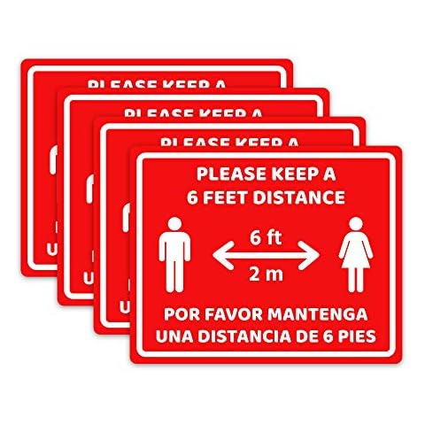 Hot4TShirts Social Distancing Sign 4 Pack — Please Keep 6 Feet Apart Vinyl Stickers — Maintain 6 Feet Distance Bilingual Wall Decals (Red, 10"x8") Cover