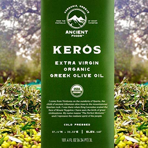 Ancient Foods BIO | Kerós Bio Olivenöl | kaltgepresst | Griechisches Extra Natives Olivenöl | Hoch Phenolhaltig | 1000 Jahre Alte Bäume | Traditionelle Handernte | 3l Kanister (3 Liter)