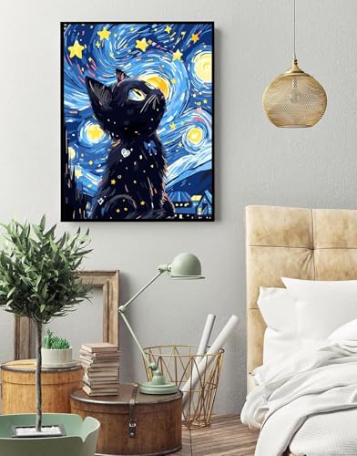 Image of Eiazuiks Stamping Cross Stitch Kit, Starry Sky Cat Counting Cross Stitch Kit for Adult Beginners, Full Line DIY Stitching Kit for Home Decor Cross Stitch Patterns 12x16 inches
