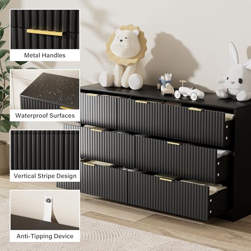 Image of 3 Piece Modern Bedroom Set, 7 Drawer Dresser with 2 Nightstands, Black