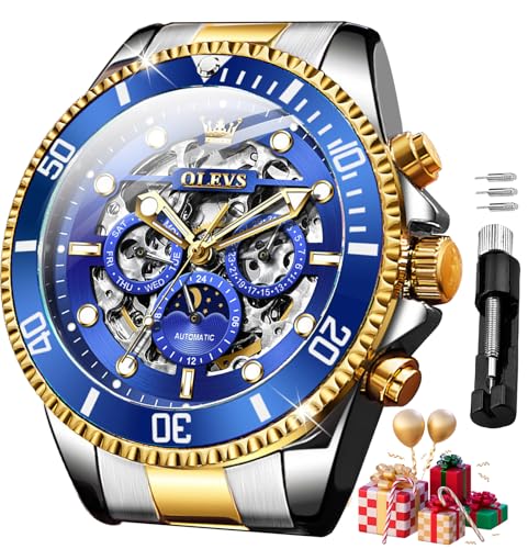 Image of OLEVS Men Automatic Watch Diamond Skeleton Mechanical Luxury Self Winding Moon Phase Calendar Waterproof Wrist Watch for Men