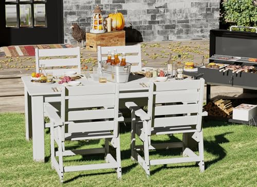 Image of GREENVINES Outdoor Dining Table | 67'' | HDPE | Rectangle Tables for 6 | All-Weather | Umbrella Hole | Patio Furniture | for Poolside Backyard Garden | White