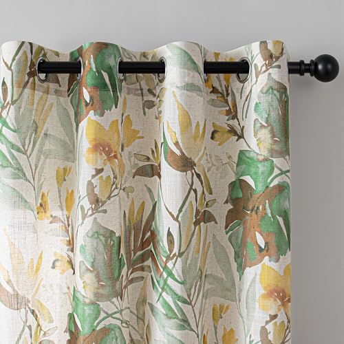 Image of MYSKY HOME Floral Curtains 63 Inch Length Semi Sheer Drapes for Living Room Bedroom, Flower Printing Window Treatment Grommet 2 Panels,Yellow and Natural