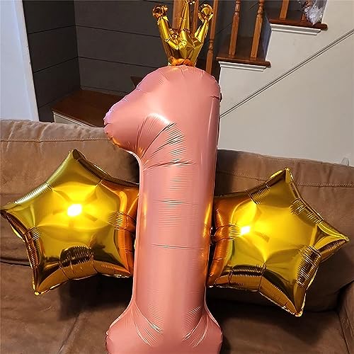 Image of Crown Pink Number 1 Balloon for Girls 1st Birthday Party, 40 Inch Large Number Foil Helium Pastel Pink Balloons 0-9, for Women 10th Birthday Party Baby Shower Anniversary Party Decoration Supplies