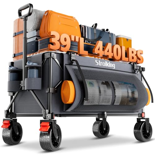 Image of 220L Collapsible Wagon Cart, 39 inch L Extended Frame and 440Lbs Heavy Duty, Lightweight 15lbs Folding Garden Cart with Silent All-Terrain Wheels for Beach, Camping Grass and Grocery, Grey