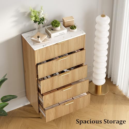GarveeHome 5 Drawers Dresser for Bedroom, Fluted Dresser Chest of Drawers with Handle, Wood Modern Dressers for Closet, Bedroom Furniture Storage Organizer for Living Room, Hallway