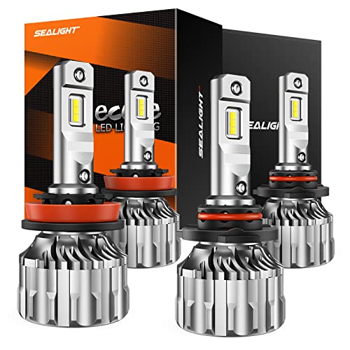 SEALIGHT S6 H11/H9/H8 Low Beam 9005/HB3 High Beam LED Bulbs Combo, 36000 Lumens 600% Brightness 6500K Cool White, H11 9005 LED Bulbs, Plug-and-Play Halogen Replacement Kit with Cooling Fan, Pack of 4