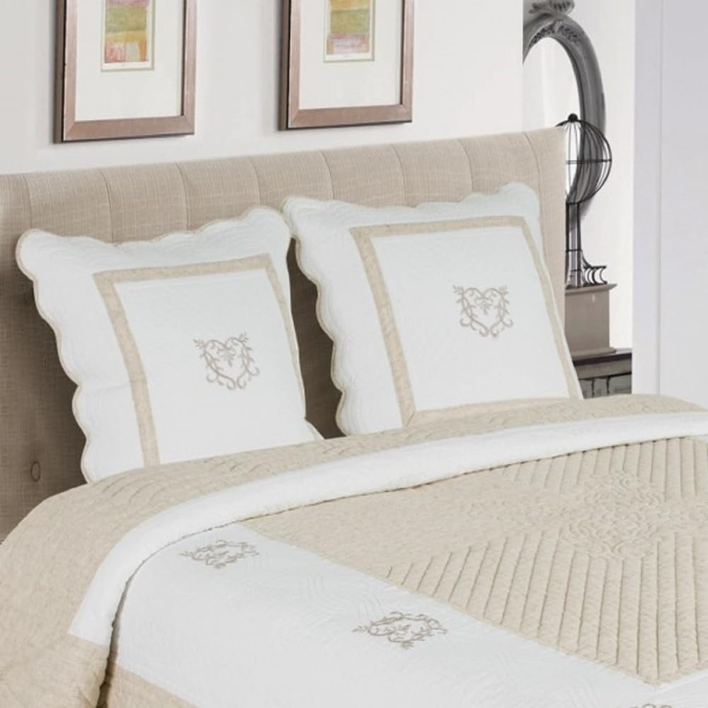 Boutis Peaceland – Grande Dimension 260x260 cm- 100% Coton Coloris Lin. Couvre lit Matelassé, Brodé, Élégant et Douillet