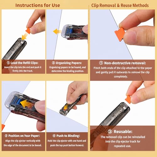 Image of Housoutil Portable Binder Clip Stapler, 2 Pack Mini Push Stapler Handheld, Mini Push Clamp Dispenser with Reusable 50PCS Colorful and 50PCS Silver Clip for Fixing Documents Home School Desk Office