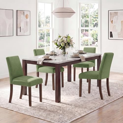 Image of Upholstered Dining Chairs Set of 4, Mid-Century Dining Room Chairs with Wooden Legs, Farmhouse Fabric Parsons Chairs for Small Space Restaurant & Cafe- Green