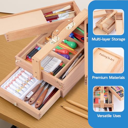 Image of Falling in Art Artist Supply Storage Box, Portable Beechwood Toolbox with Drawer, Three Layer Art Storage Tool Box for Paints, Brushes, Pastels, Pens, and Markers