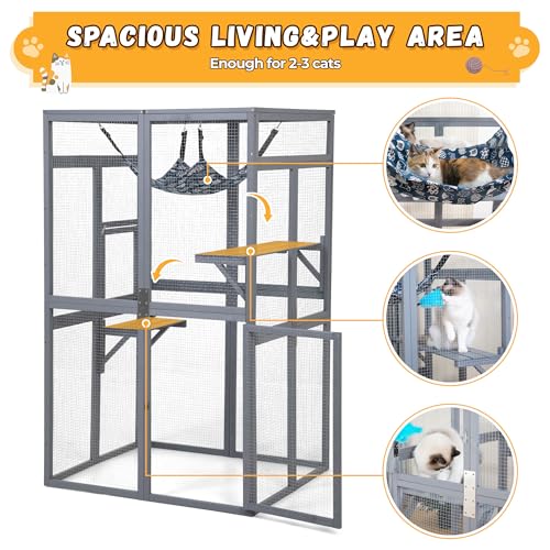 Image of Wooden Outdoor Cat Catio Enclosure with Platforms and Hammock Gray