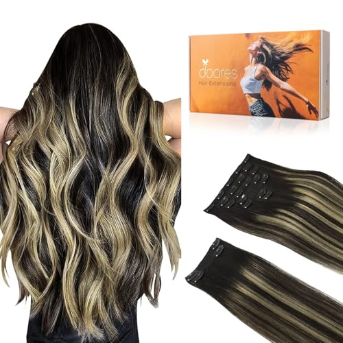 Image of DOORES Clip in Hair Extensions, Balayage Natural Black to Light Blonde 22 Inch 150g 9pcs, Remy Clip in Hair Extensions Thick Straight