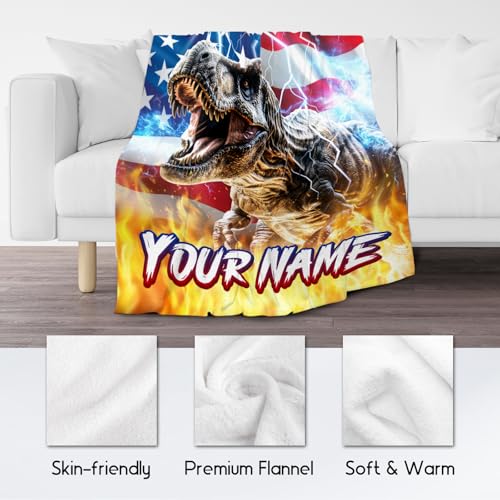 Dinosaur Blanket - Personalized Blankets for Boys Men - Custom Gifts with Name - Soft Flannel Throw for Couch, Bed - 4 Sizes