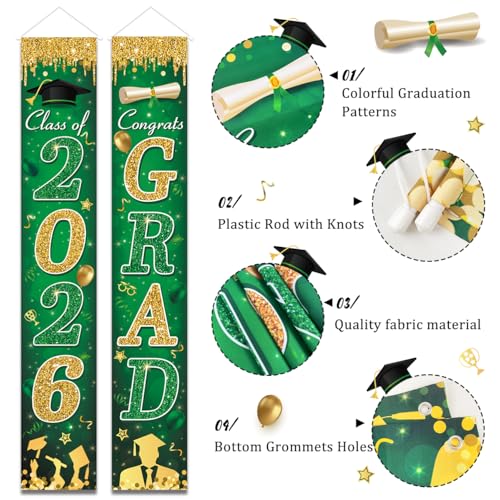 Image of Green and Gold Graduation Decorations Class of 2026 Congrats Grad Banner and You Did It Door Cover for High School College Graduation Party Supplies(Green)