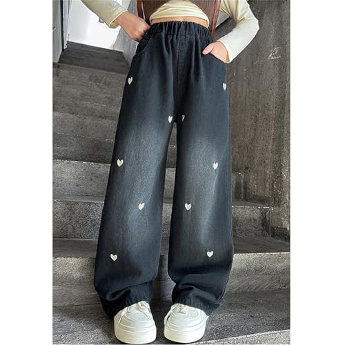 Girls Embroidered Heart Baggy Jeans Wide Leg High Waisted Kids Cute Denim Pants Elastic Waist Aesthetic Vintage3