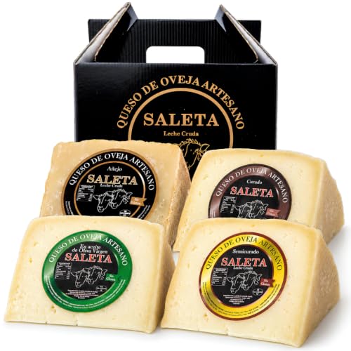 SALETA® Cesta Quesos Gourmet Regalo | Queso Oveja | 4 Cuñas Queso Curado, Semicurado, Añejo y en Aceite de Oliva Virgen Extra | Surtido de quesos Pack "Más Premiados" 1Kg