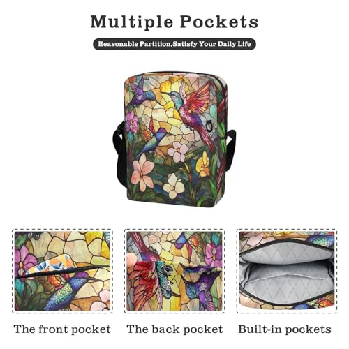 Stained Glass Beautiful Birds Colorful Flowers small messenger bag for men Crossbody Small Bags For Women Shoulder Handbags Adjustable Strap for Travel work2
