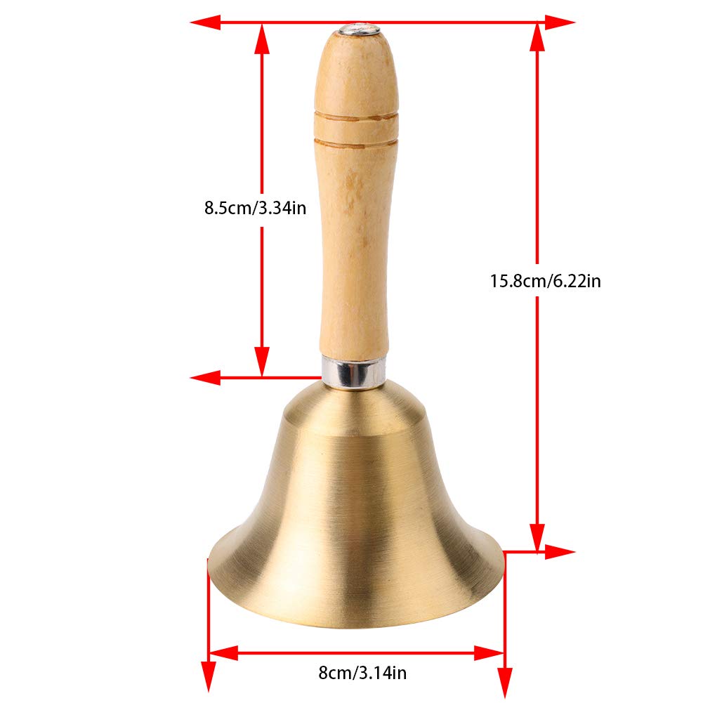 Luide handbel met houten handvat, 8 cm multi, functionele tafelbel voor school, games en belvolgorde, vintage koperen ontwerp voor kinderen en volwassenen