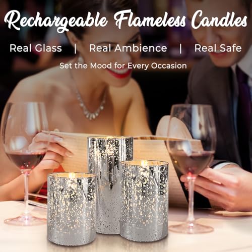 Image of LEDHOLYT Rechargeable Flameless Candle, Flickering LED Pillar Glass Fake Candle with Remote and Timer, Built-in Battery Real Wax Electronic Candle for Room Decoration, Set of 3