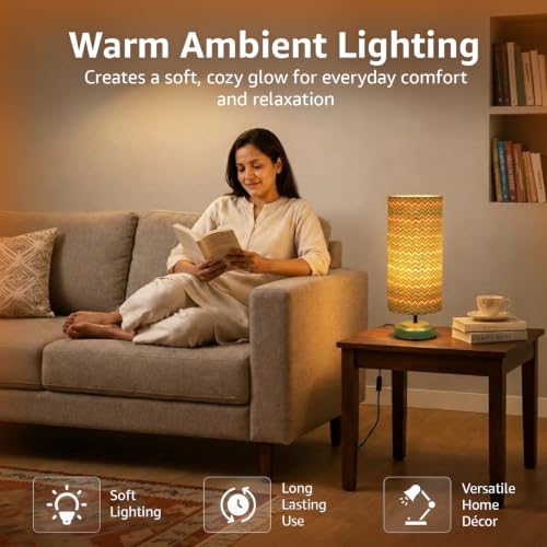 Image of Amazon Basics Tarang Zigzag Table Lamp | Hand-Painted Mango Wood Base with Printed Polyester Shade | E14 Holder | Decorative Night Lamp for Bedroom, Living Room & Study Room | Home Decor Gift