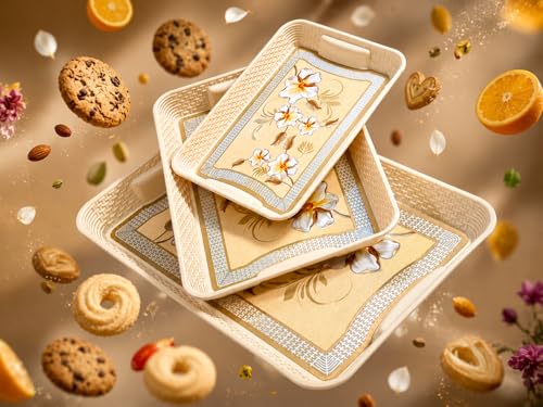 Image of 3 Pcs Plastic Serving Tray Set with Handle | Multipurpose Tea Snacks Breakfast Tray | Floral Printed Rectangular Serving Trays for Kitchen & Home (Cream Flower)