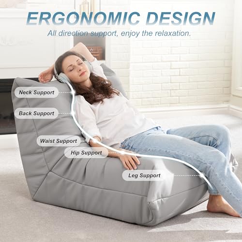 Image of Hobestluk Giant Bean Bag Chair Lazy Floor Sofa, Memory Foam Fireside Sofa for Adults, Big Beanbag Faux Leather Armless Chair for Living Room Bedroom Dorm Office (Light Grey, Single)