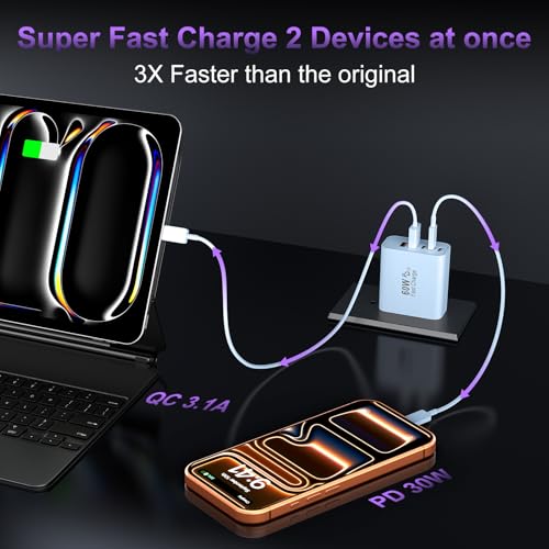 Image of USB C Fast Wall Charger Block, 2Pack 60W USBC Charging Cubes, 5-Port PD+QC Power Adapter Multiport Brick Type C Box Plug for Phone 17 /16 /15 /14 /13 /12 /11 /Pro Max /Plus, Pad Mini /Pro /S25 /S24-Blue