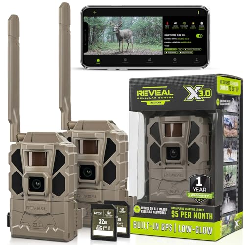 Tactacam REVEAL X Gen 3.0 Cellular Trail Camera - Multi Carrier, HD Photos & Videos, Pre-Installed Antenna, Built-in GPS, Best Battery Life, Low-Glow IR Flash, Fast Trigger Speed + 32GB SD Card (2 PK)