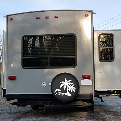 Image of Delerain Dolphin Palm Tree Spare Tire Cover for RV Trailer SUV Truck and Many Vehicle, Wheel Covers Sun Protector Waterproof (15 Inch for Diameter 27 inch-29 inch)