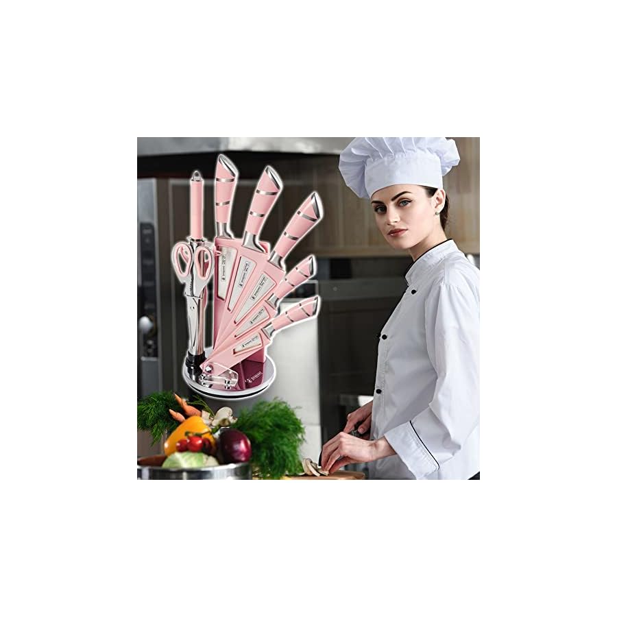 YF-TOW Knife Block Set, Kitchen Knife Set with Stand, 9 PCS Pink Sharp Stainless Steel Knife Set with Chef Knife,Bread Knife,Carving Knife,Scissors and Knife Sharpener (Pink)