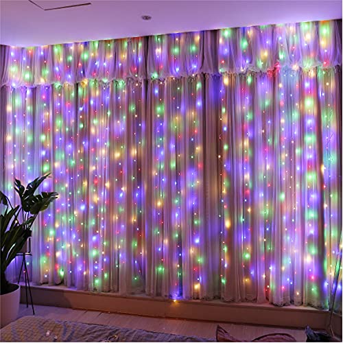 HXWEIYE Guirlande Lumineuse Rideau Multicolore, 300 LED 3m*3m,8 Modes d'Eclairage USB et Télécommande avec Minuterie pour Salle, Fenêtre, Mariage, Fête,...