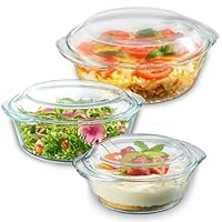6-Piece Glass Tureen Dishes for Oven - Durable Borosilicate Glass Bakeware Set with Lids, Microwave Safe, Versatile Round Covered Baking Dishes. Clear Lead-Free Casserole Cookware.