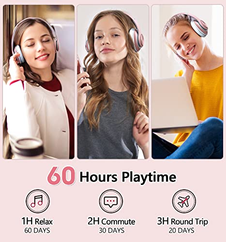 Image of 9S Over Ear Bluetooth Headphones, 60 Hours Playtime, Hi-Fi Stereo, Deep Bass, Microphone, Foldable, Rose Gold