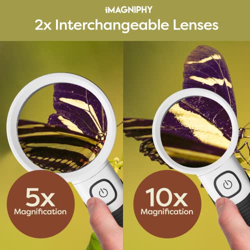 Imagniphy High Power Magnifying Glasses With Light For Seniors With Macular Degeneration - Magnifying Glass For Reading - 5X & 10X Lighted Magnifying Glasses, 2 Interchangeable Lenses #TOP5