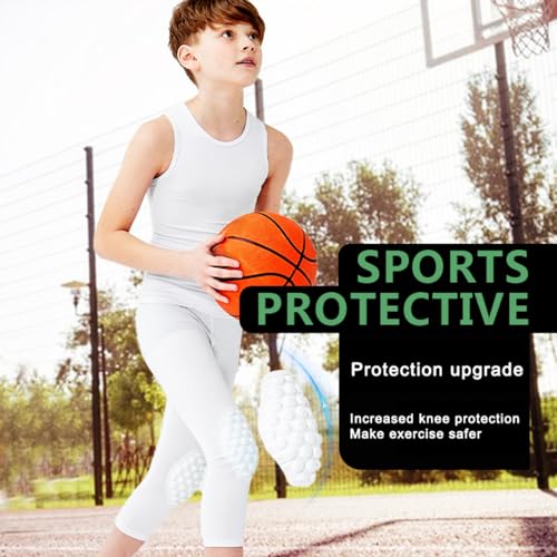 Hotfiary Youth Boys 3/4 Compression Pants with Knee & Taibone Pads Basketball Tights Football Soccer Leggings Sports Capri2