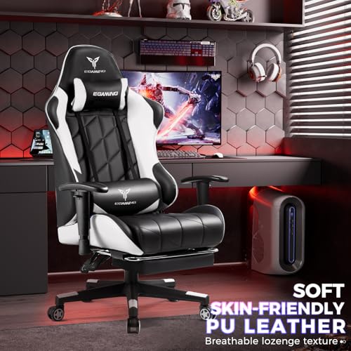 Gaming Chair with 3D Adjustable Armrests, Cow Print Design, Ergonomic Office Chair with High Back, Computer Chair with Footrest,Comfy Diamond Stitching Sest, Game Chair for Adults