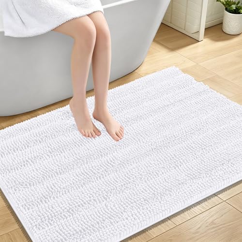 Image of OLANLY Thick Large Bathroom Rugs 44x32, Extra Soft Absorbent Chenille Striped Bath Rugs, Rubber Backing, Machine Wash Dry, Bath Mats for Bathroom Floor, Tub and Shower, Home Decor Accessories, White