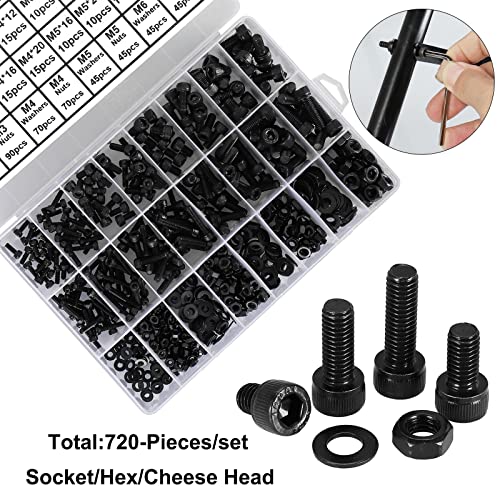 FandWay 720 Pièces Vis a Tête Cylindrique a Six Pans Creux,M3/M4/M5/M6 Vis à Tête Hexagonale, Vis à Métaux en de qualité 12,9 Noir, Boulons et écrous Rondelles Avec Clés Hexagonales. – vue 2