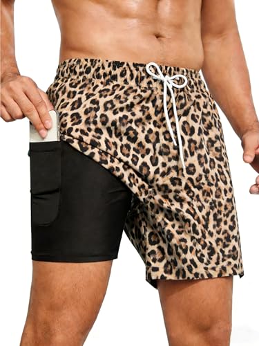 GYOVL Mens 2 in 1 Swim Trunks with Compression Liner Polka Dots Swim Shorts Swim Suits Graphic Board Shorts M